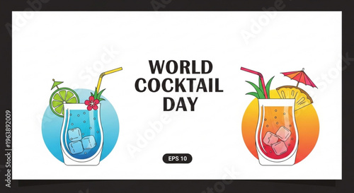 Colorful cocktails with umbrellas and fruit on world cocktail day two glasses with ice and straws