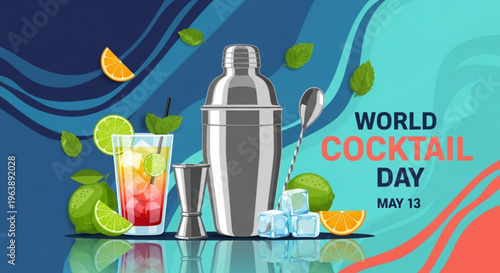 World cocktail day celebration with colorful drink and mixology tools on blue background