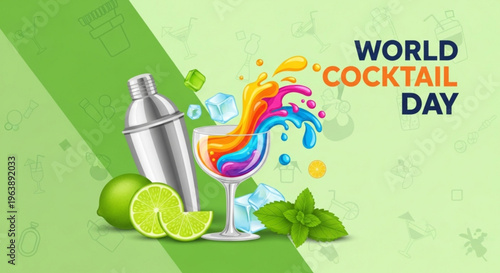 Vibrant world cocktail day illustration with colorful drink shaker lime and mint on green background
