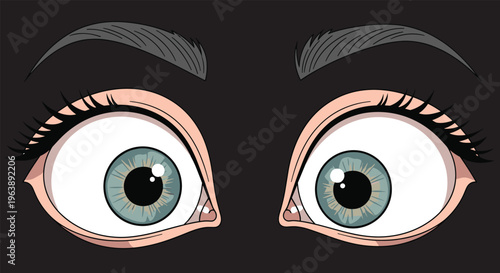 Close-up illustration of wide open blue human eyes with dark eyebrows set against a plain black background.