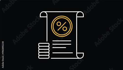 Discount document with coins in minimalist flat style with yellow and white accents on black background for financial services.