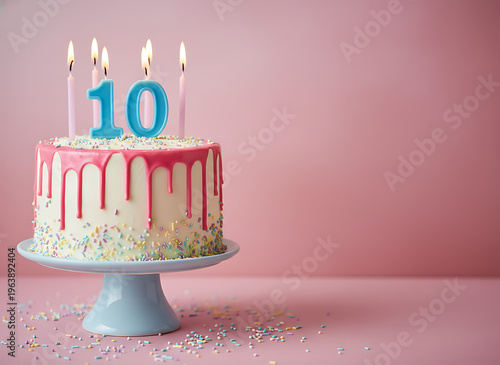 10th year birthday cake on isolated colorful pastel background. Tenth Birthday Celebration / 10th Anniversary