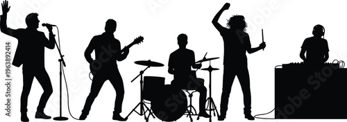 Silhouette music band performance, live concert illustration, singer guitarist drummer DJ vector, black and white art, energetic stage show design