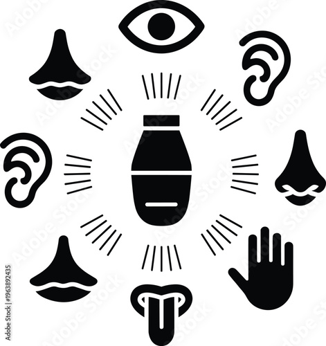 Black and white of senses and body parts black, white, senses, body parts, eye, ear, nose, mouth, hand, lines, symbols, body, parts, featuring, human, including, ears, noses, mouths, surrounding, cent