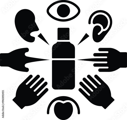 Black and white of hands and senses around a bottle black, white, bottle, hands, eye, ear, nose, mouth, heart, senses, silhouette, symbols, around, surrounded, human, style, color, pattern, visual, cr