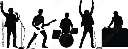 Silhouette music band performance, live concert illustration, singer guitarist drummer DJ vector, black and white art, energetic stage show design