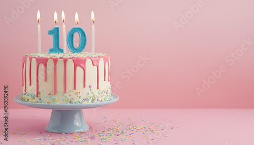 10th year birthday cake on isolated colorful pastel background. Tenth Birthday Celebration / 10th Anniversary