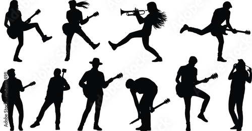 Silhouette musicians performing, guitar and trumpet players, live concert illustration, dynamic stage art, black and white vector design, energetic band