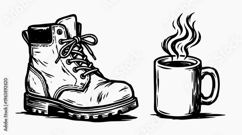 Hand-Drawn Outdoor Adventure Set with Rugged Hiking Boot and Hot Coffee Mug