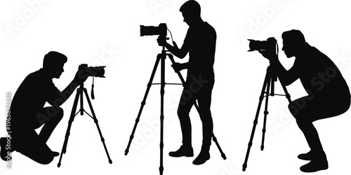 Silhouette photographers with cameras, tripod illustration, black and white vector art, photography profession design, creative shooting poses, artistic photo graphic