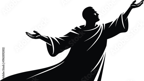 Black silhouette of man in robe with arms outstretched black silhouette, man, robe, arms outstretched, white background, dramatic pose, gesturing, isolated, monochromatic, religious, spiritual, worshi