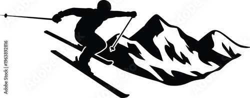 Silhouette skier downhill, mountain background illustration, winter sports vector, skiing action art, snow adventure, alpine slope, black and white design