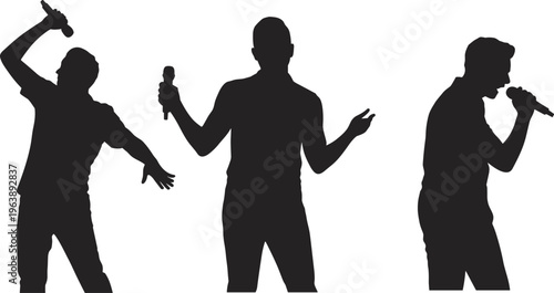 Silhouette singers performing, microphone poses illustration, black and white vector art, music concert design, vocal performance, expressive stage show graphic