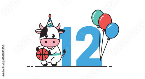 Basketball Cow Celebrating Birthday with Balloons