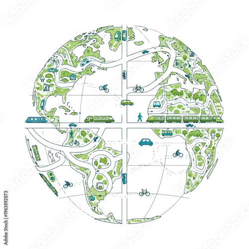 Creative illustration of a globe featuring sustainable transportation and green spaces for Earth Day
