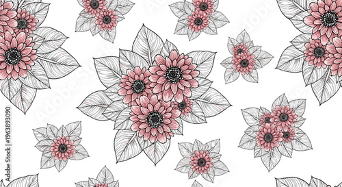 Seamless floral pattern design featuring hand drawn pink sunflowers with detailed black line art on white.