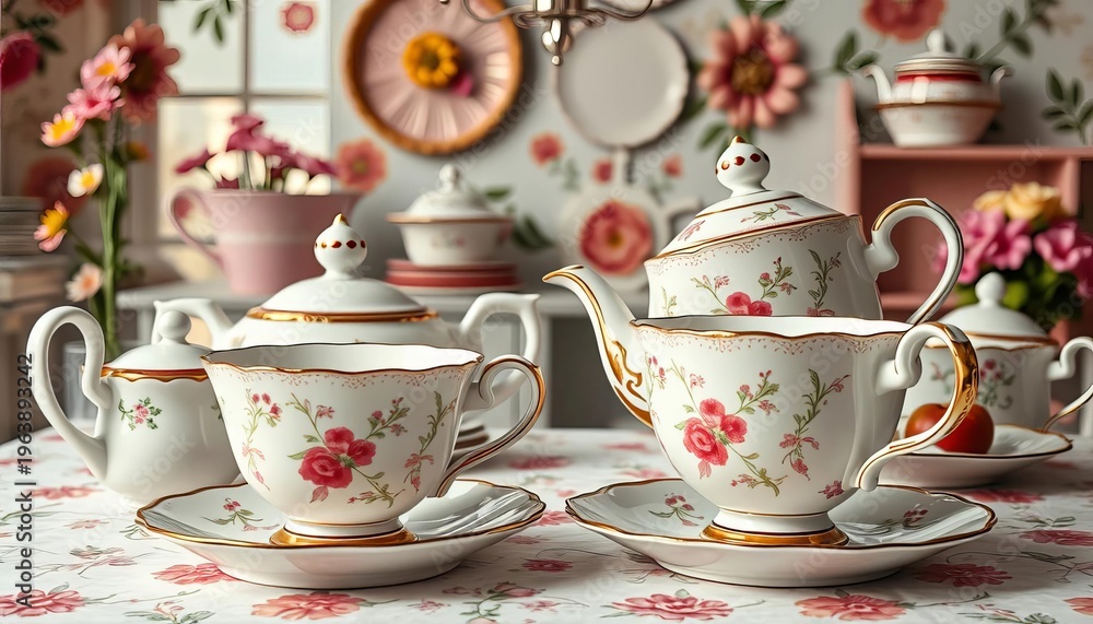 Fototapeta premium Whimsical tea party scene with mismatched crockery and oversized teacups, hats, forest