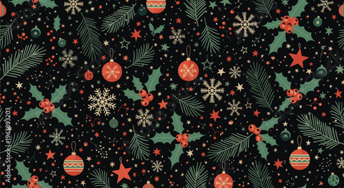 Festive Christmas seamless pattern with traditional ornaments holly leaves snowflakes and stars on a black background.