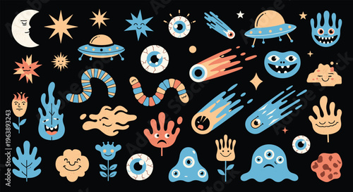 Collection of quirky hand drawn space and monster doodles including eyeballs ufo stars and aliens on black.