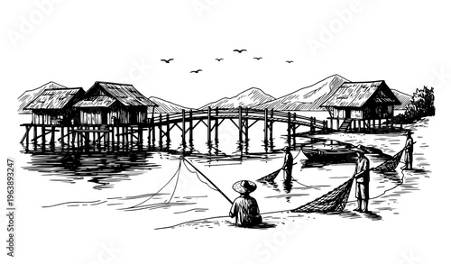 Traditional fishing village bay scene black white sketch vector with huts on stilts and fishermen