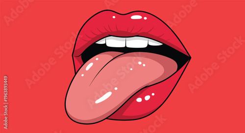 Close-up illustration of an open mouth with red lips and a tongue sticking out against a solid red background.