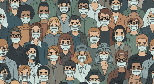Seamless pattern of a diverse crowd of people all wearing surgical face masks for health and safety awareness.
