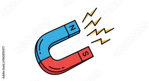 Horseshoe magnet with blue and red poles showing magnetic field lines and lightning bolts on white background.