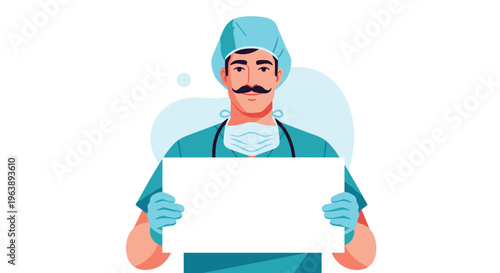 Male surgeon wearing medical scrubs and a face mask holding up a blank white board for custom text or messages.