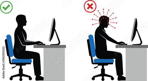 Correct and incorrect sitting posture at computer desk, ergonomic workplace health comparison illustration with spine support vector
