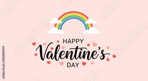 happy valentines day greeting card design includes a colorful rainbow with clouds and a shower of red and pink hearts on a pastel background.