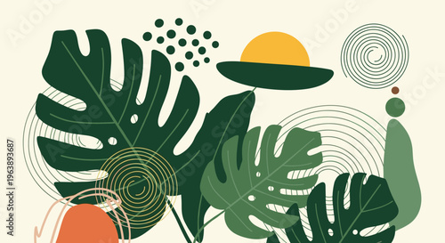tropical leaf pattern combines monstera foliage with abstract geometric shapes and spiral lines in a modern aesthetic composition.