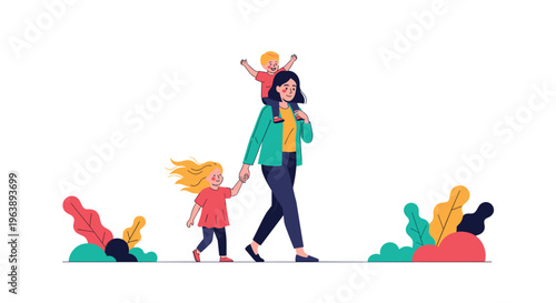 young woman walks happily with her two small children through a park area with stylized colorful bushes on a clean white background.