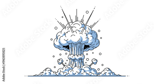 atomic explosion is represented by a large mushroom cloud with radiating lines and debris in a minimalist black and blue line art style.