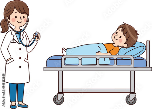 Female doctor examining child patient in hospital bed with stethoscope pediatric healthcare medical checkup vector illustration