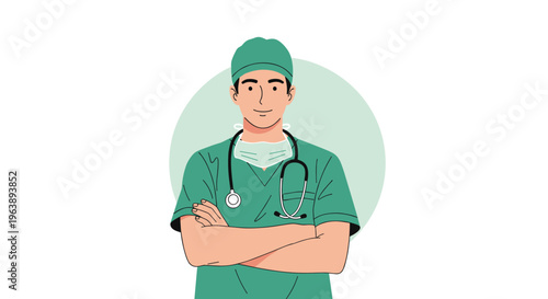 professional male doctor wears green surgical scrubs and a protective face mask while standing with arms crossed in front of a green circle.