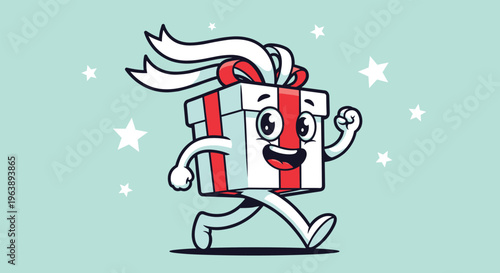 cheerful gift box character with a red ribbon and smiling face runs across a teal background decorated with white stars and sparkles.