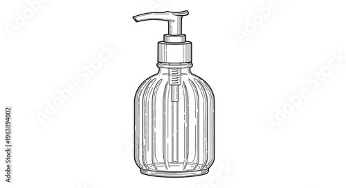 line art illustration of a glass soap or lotion dispenser with a pump top shows detailed reflections and a fluted bottle design.