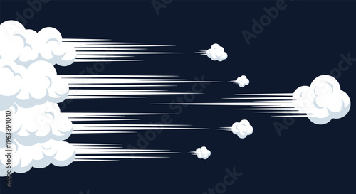 group of white clouds moves rapidly across a dark blue sky with long speed lines to indicate fast motion and wind in a flat design.