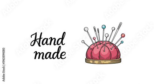 handmade sewing theme includes a bright pink pincushion filled with various needles and pins next to elegant cursive script text.