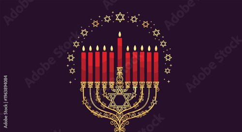 hanukkah menorah with red candles is surrounded by golden stars of david and decorative flourishes on a deep purple background.