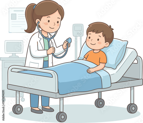 Female pediatric doctor examining child patient in hospital bed with stethoscope healthcare medical checkup cartoon vector illustration