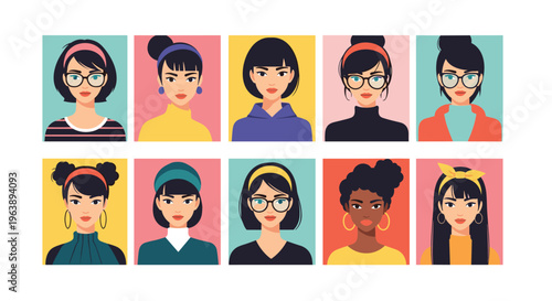 portraits of ten different women wearing glasses and fashionable hairstyles are presented in a colorful grid of individual squares.