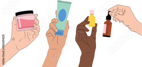Hands holding cosmetic skincare products cream tube bottle dropper diverse skin tones beauty vector illustration personal care concept set