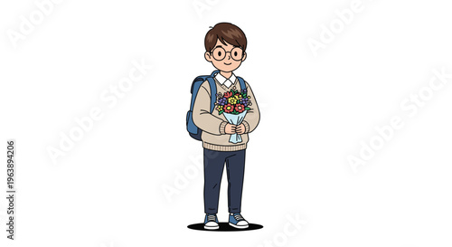 cute schoolboy character wears a backpack and glasses while holding a colorful bouquet of flowers in a charming cartoon illustration.