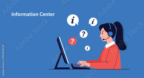 information center professional woman wearing a headset works at a computer to help customers with their questions and support needs.