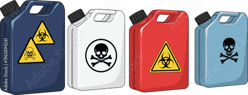 Hazard chemical containers set toxic biohazard warning jerrycan bottles danger symbols vector illustration isolated industrial safety concept collection