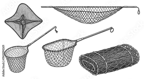 Vintage Hand Drawn Fishing Nets Collection
