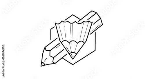 Simple black and white line art illustration of a pencil point with a surrounding wood shaving representing creativity and art.