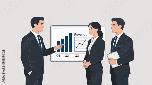 Business team discussing revenue charts