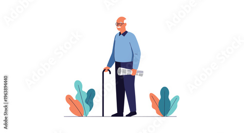 Senior man with a bald head and glasses walking with a cane while holding a morning newspaper in a serene park setting.